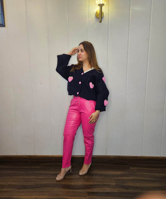 Hot pink Tapered fit faux leather pants - oneinmelon