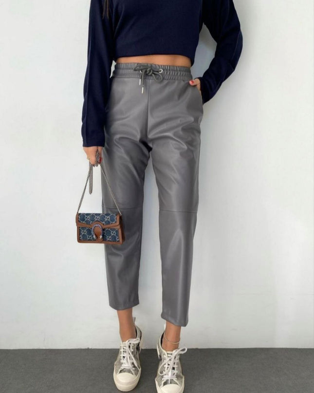 Grey Tapered fit faux leather pants