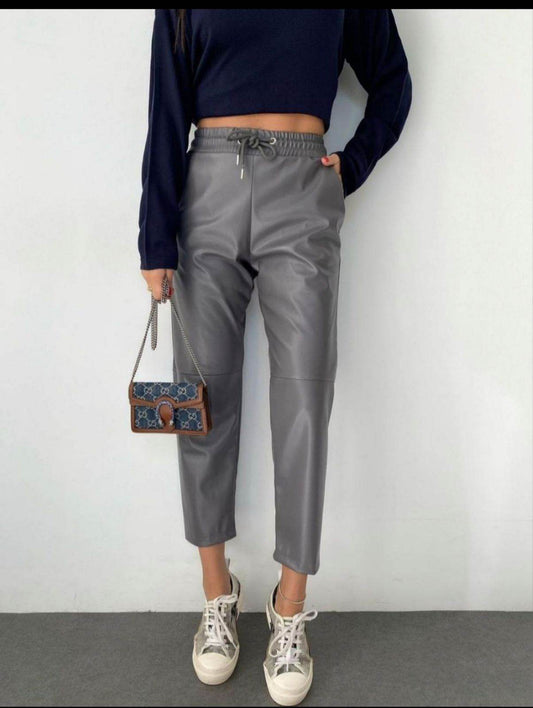 Grey Tapered fit faux leather pants - oneinmelon