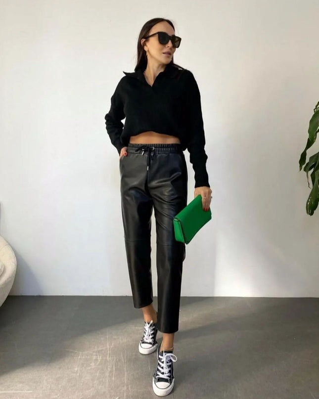 Black Tapered fit faux leather pants