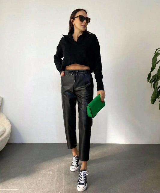 Black Tapered fit faux leather pants - oneinmelon