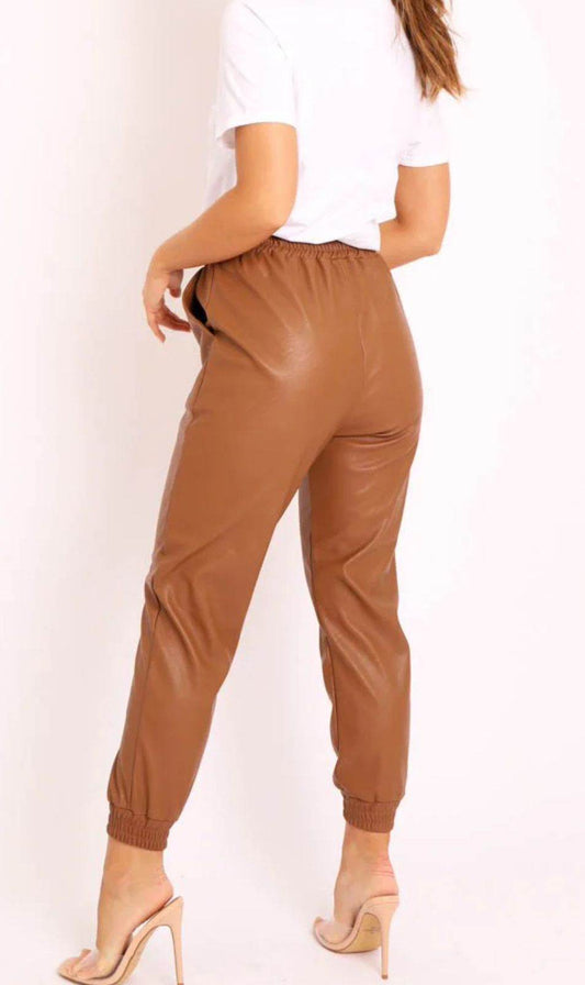 Brown Faux Leather Jogger - oneinmelon