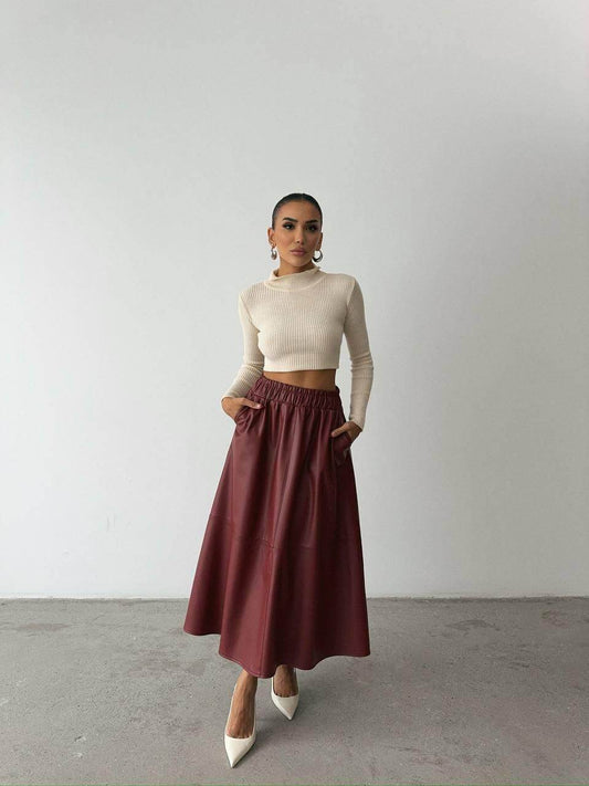 Burgundy Faux leather Skirt - oneinmelon
