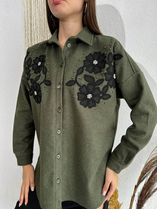 Olive Flannel Shirt with Embellishments - oneinmelon