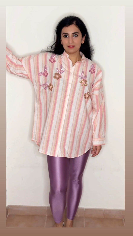 Lavender Glossy legging + Cotton linen shirt one size-with sequin work - oneinmelon