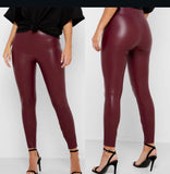 Burgundy Fleece Faux Leather Leggings