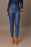Denim blue  Fleece Faux Leather Leggings