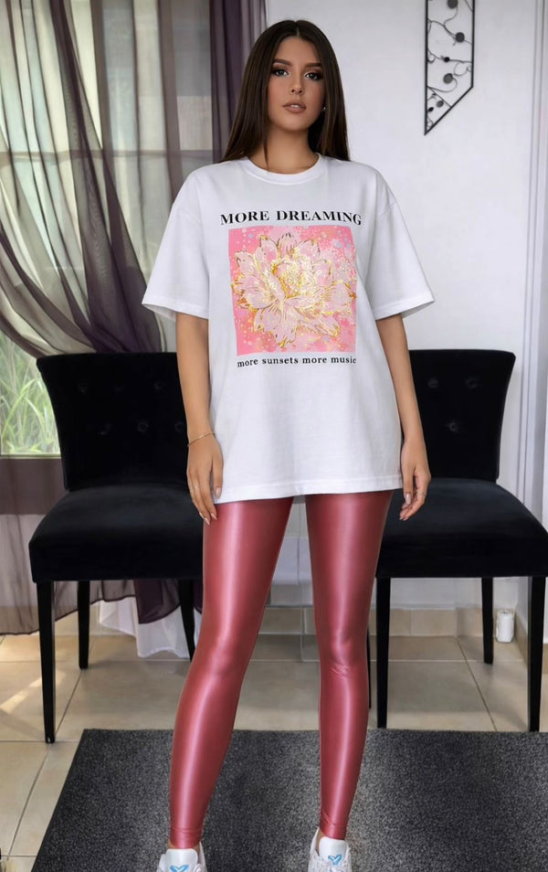White Dreamy Rose Shine Combo Set (Dusty Rose Glossy leggings + Cotton Printed T-shirt)