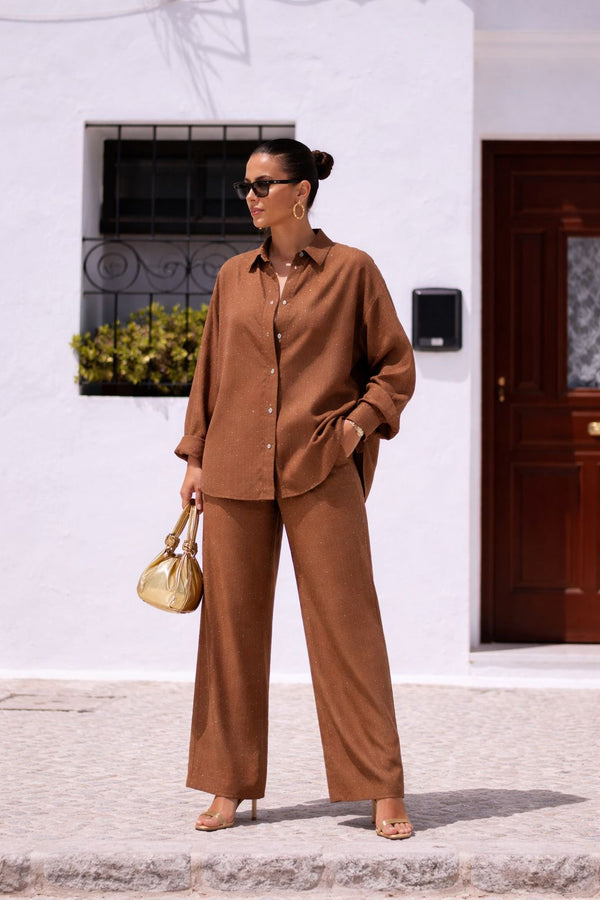 Burnt Brown Linen Blend Rhinestone Co-Ord Set