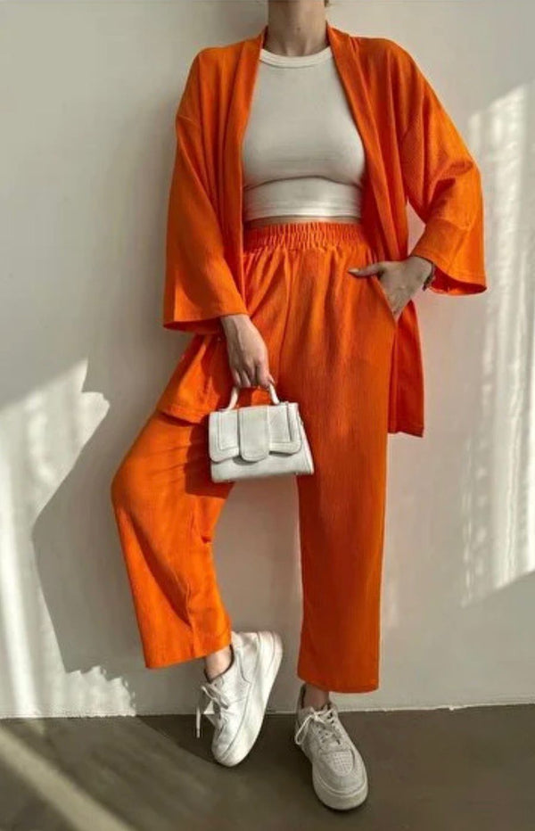 2 Pcs Orange Kimono Co-Ords Set