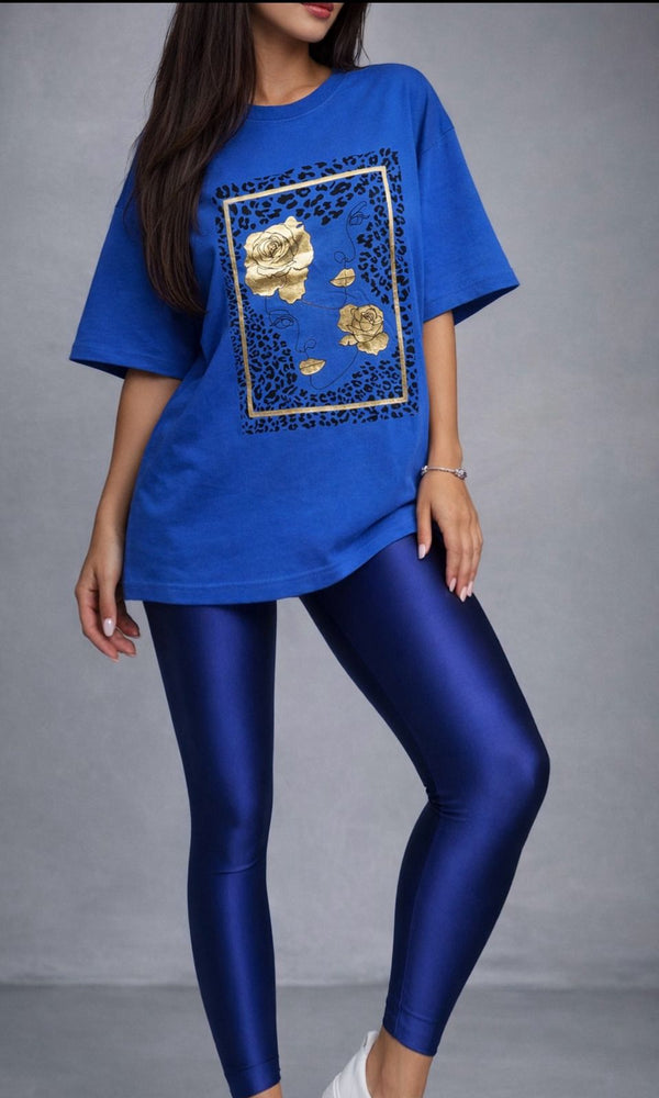 Ultimate Blue Glow Combo (Navy Blue Glossy leggings + Cotton Printed T-shirt