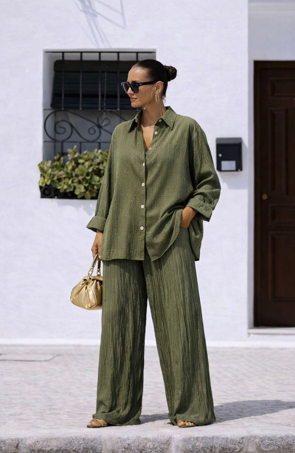 Olive green Viscose Wrinkled Rhinestone Coord Set