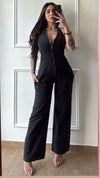 Zipper denim halter back jumpsuit - black - oneinmelon