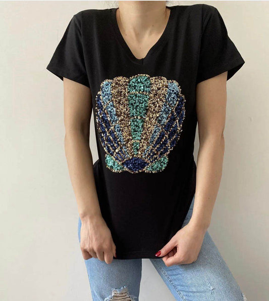 Black Sequin Shell Cotton T-Shirt - oneinmelon