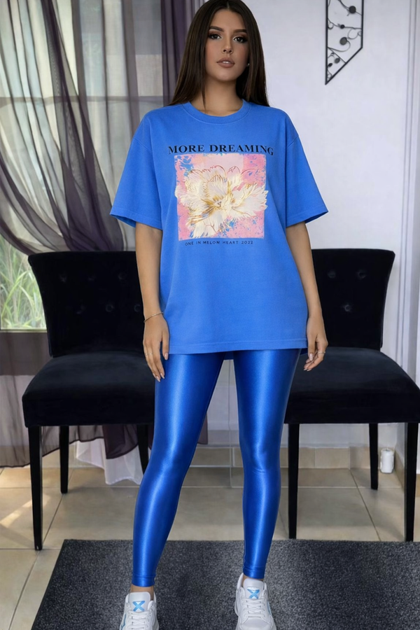 Blue Dreamy Rose Shine Combo Set ( Royal blue Glossy leggings + Cotton Printed T-shirt) (Copy)