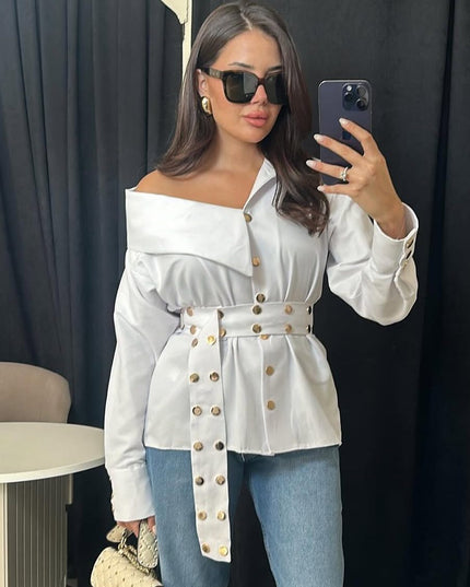 White One sided drop shoulder shirt with Gold embellished buttons