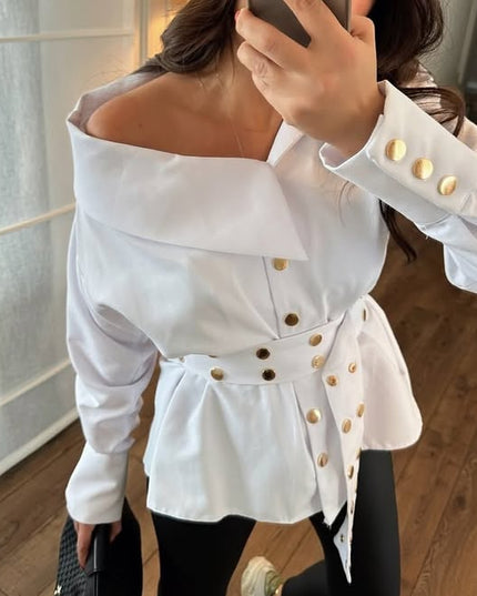 White One sided drop shoulder shirt with Gold embellished buttons