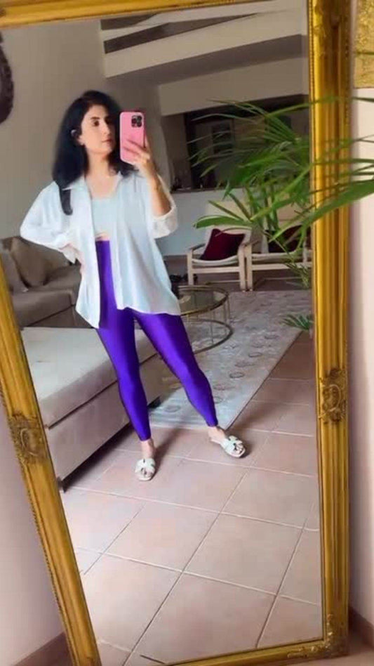 Purple Glossy legging + Viscose Fabric White Shirt - oneinmelon