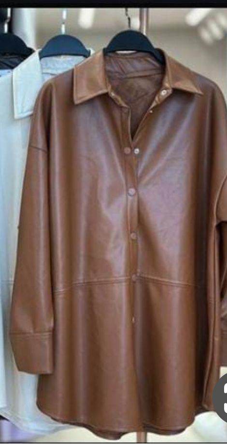 Tan Oversized fleece Faux Leather Shirt - oneinmelon