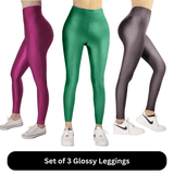 Vibrant Glossy Legging Trio (Colors - Emerald Green, Berry Pink & Dark Grey) - oneinmelon