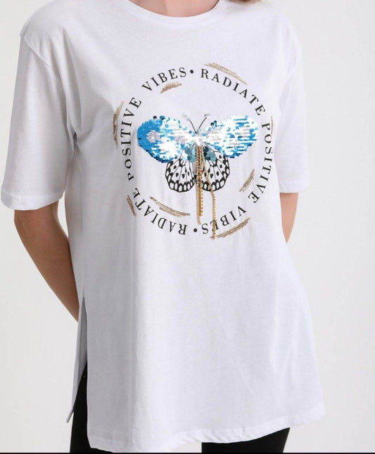 White Sequin Butterfly Cotton T-Shirt - oneinmelon
