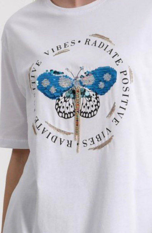 White Sequin Butterfly Cotton T-Shirt - oneinmelon