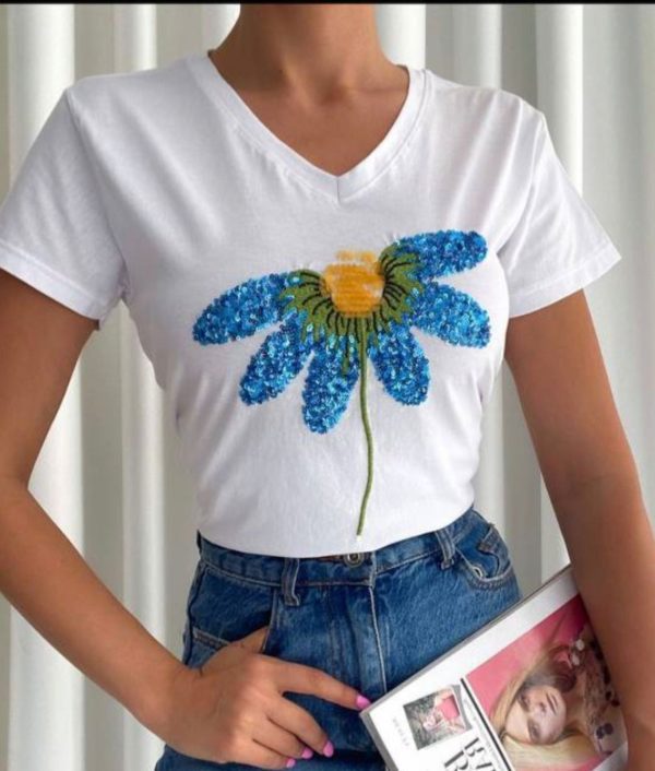 White Sequin Sun Flower Cotton T-Shirt