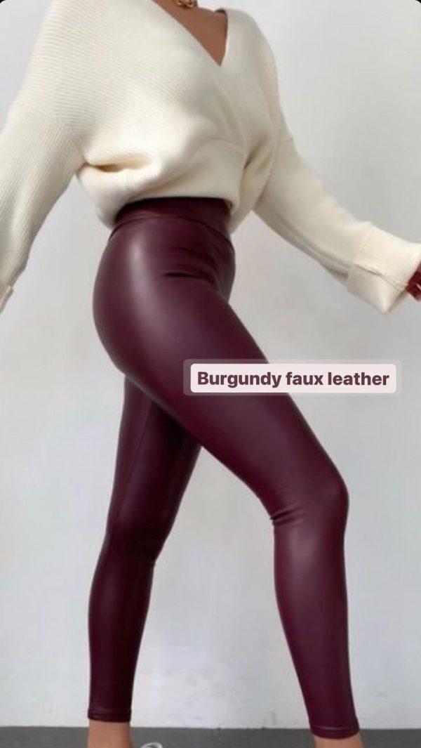 Burgundy Fleece Faux Leather Leggings