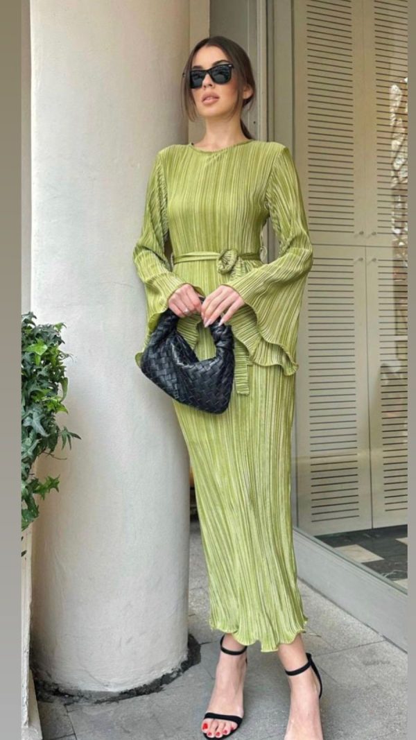 Textured Tied Round Neck Long Sleeve Dress- Pistachio Green Color