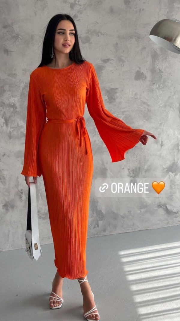 Textured Tied Round Neck Long Sleeve Dress-Orange Color