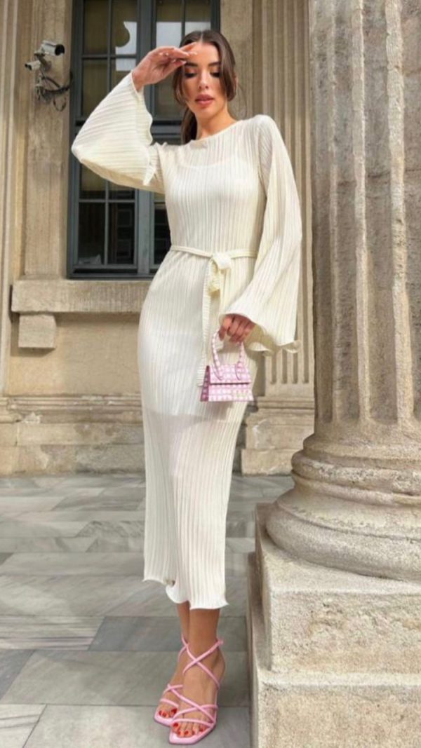 Textured Tied Round Neck Long Sleeve Dress-White Color