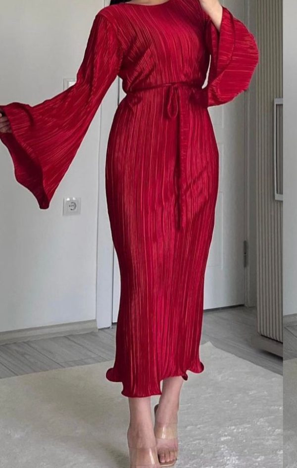 Textured Tied Round Neck Long Sleeve Dress- Red Color