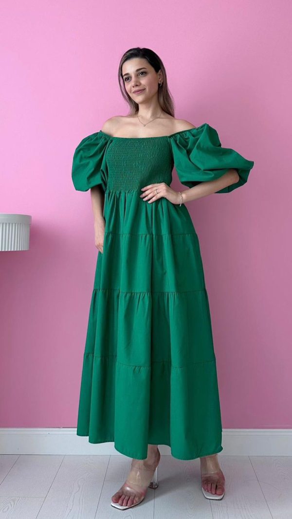 Green Off Shoulder Balloon Sleeves Cotton dress