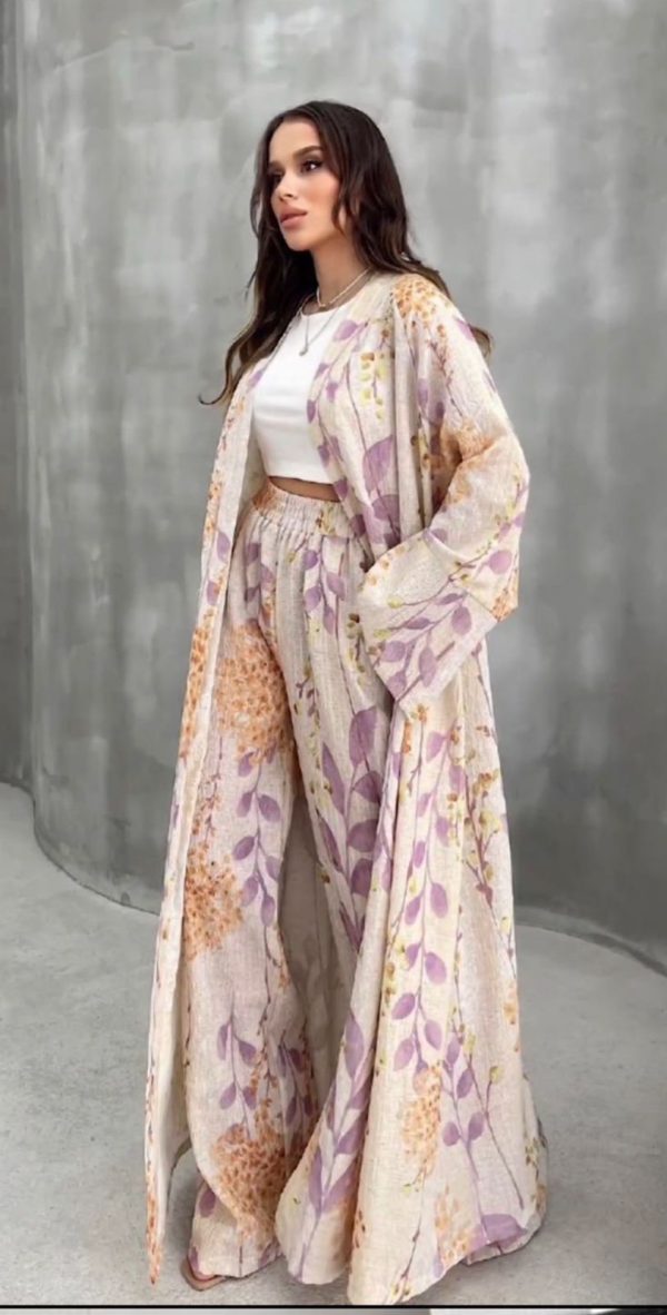 Floral Beige and Lavender Linen Co-Ord Set