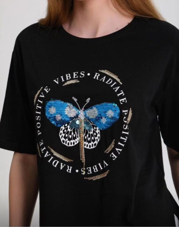 Black Sequin Butterfly Cotton T-Shirt