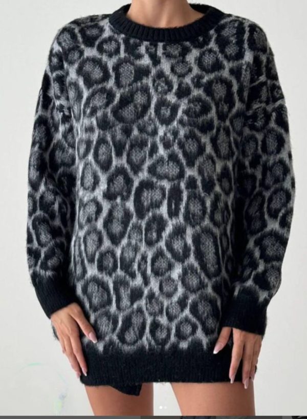 Grey Leopard Print Jumper- Free Size