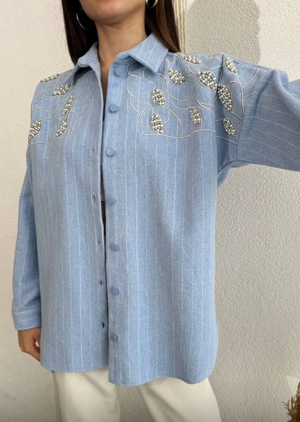 blue flannel shirt with embellishment