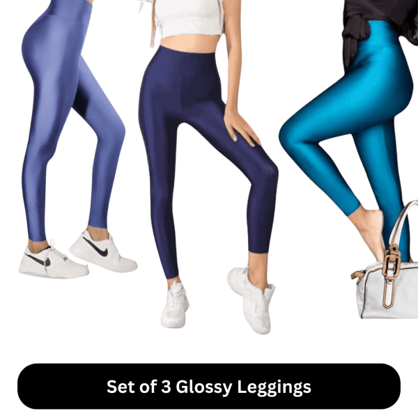 Aqua Elegance Glossy leggings Set(Colors - Navy Blue, Teal blue & Denim Blue)