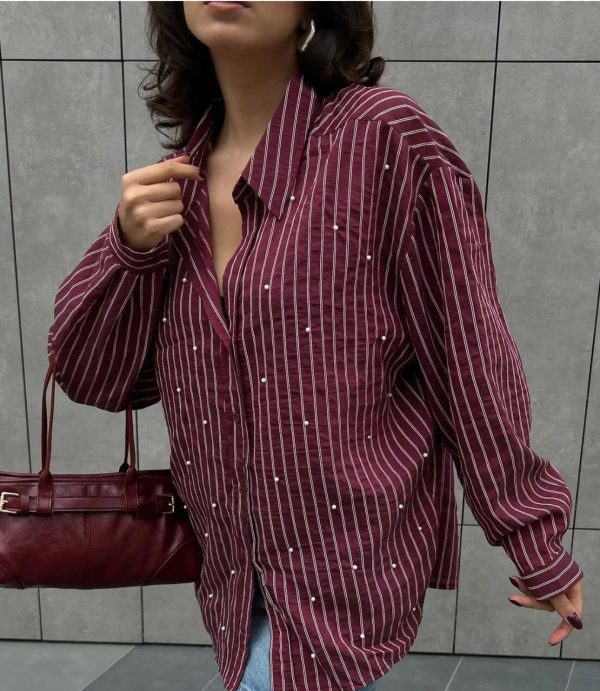 Burgundy Viscose shirt with pearl embellishments