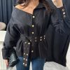 Black One sided drop shoulder shirt with Gold embellished buttons - S