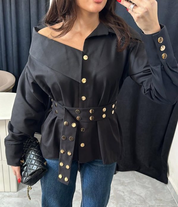 Black One sided drop shoulder shirt with Gold embellished buttons